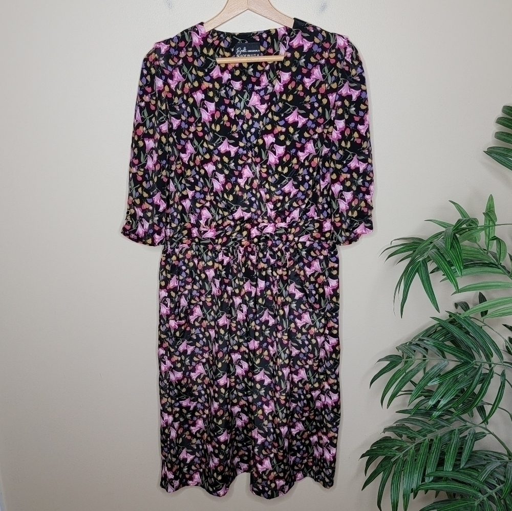 Vintage Breli Originals Pink Yellow Purple Floral Print Midi Dress